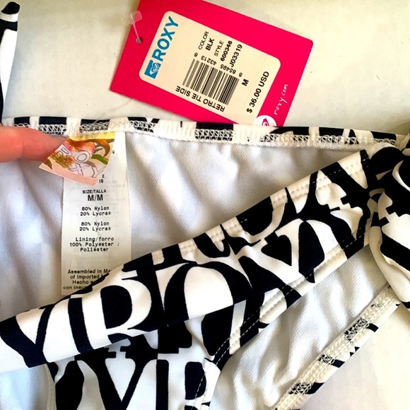 Roxy Bikini Bottom White&Black Logo/Retro/Tie Side size Medium NEW without tags - Picture 3 of 4